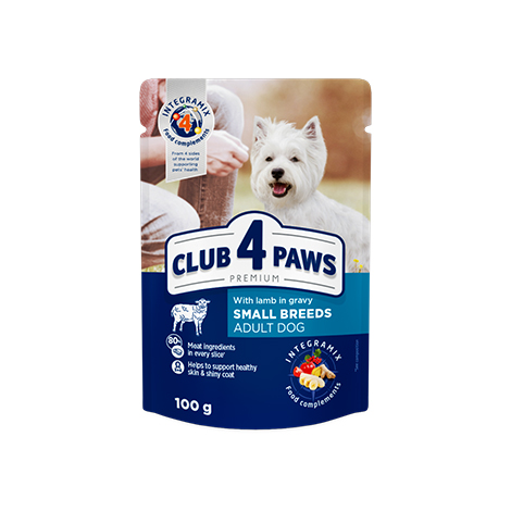 CLUB 4 PAWS PREMIUM "SU ĖRIENA PADAŽE". VISAVERTIS KONSERVUOTAS ĖDALAS SUAUGUSIEMS MAZOMS VEISLEMS ŠUNIMS