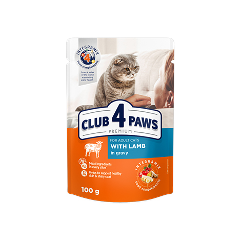 CLUB 4 PAWS PREMIUM "SU ĖRIENA PADAŽE". VISAVERTIS KONSERVUOTAS ĖDALAS SUAUGUSIOMS KATĖMS.