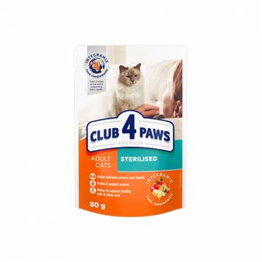 CLUB 4 PAWS PREMIUM "STERILIZUOTI". VISAVERTIS KONSERVUOTAS ĖDALAS SUAUGUSIOMS STERILIZUOTOMS KATĖMS