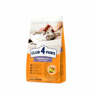 CLUB 4 PAWS PREMIUM. KATĖMS, GYVENANČIOMS PATALPOSE "4 VIENAME". PILNAVERTIS SAUSAS MAISTAS SUAUGUSIOMS KATĖMS