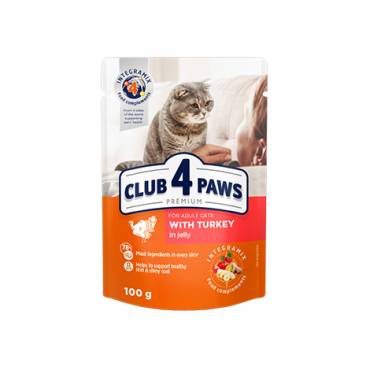 CLUB 4 PAWS PREMIUM "SU KALAKUTIENA DREBUČIUOSE". VISAVERTIS KONSERVUOTAS ĖDALAS SUAUGUSIOMS KATĖMS