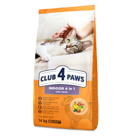 CLUB 4 PAWS PREMIUM KATĖMS, GYVENANČIOMS PATALPOSE "4 VIENAME". VISAVERTIS PAŠARAS SUAUGUSIOMS KATĖMS SU ĖRIENA