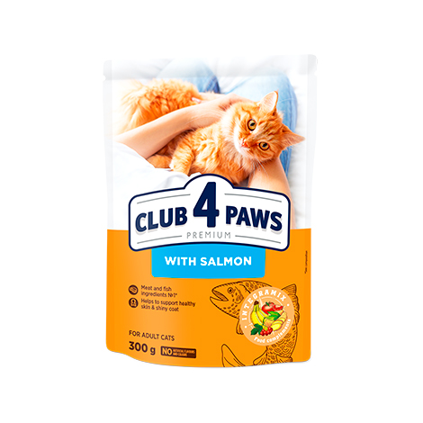 CLUB 4 PAWS PREMIUM "SU LAŠIŠA". PILNAVERTIS SAUSAS MAISTAS SUAUGUSIOMS KATĖMS