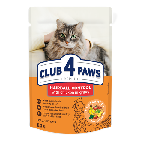 CLUB 4 PAWS PREMIUM PALENGVINANTIS PLAUKŲ SĄVĖLŲ ŠALINIMĄ. VISAVERTIS KONSERVUOTAS PAŠARAS SUAUGUSIOMS KATĖMS
