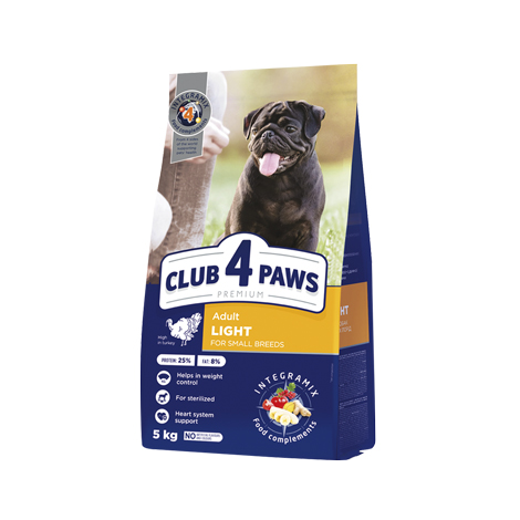 CLUB 4 PAWS PREMIUM "SVORIO KONTROLĖ". VISAVERTIS PAŠARAS SUAUGUSIEMS ŠUNIMS MAŽŲ VEISLIŲ STERILIZUOTIEMS IR TURINTIEMS POLINKĮ Į NUTUKIMĄ. SU DIDELIU KIEKIU KALAKUTIENOS