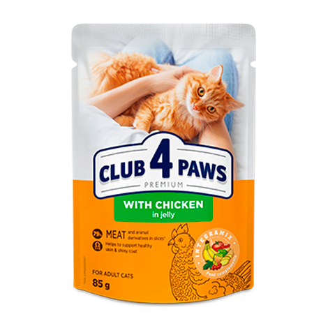 CLUB 4 PAWS PREMIUM SU VIŠTIENA DREBUČIUOSE. VISAVERTISKONSERVUOTAS ĖDALAS SUAUGUSIOMS KATĖMS