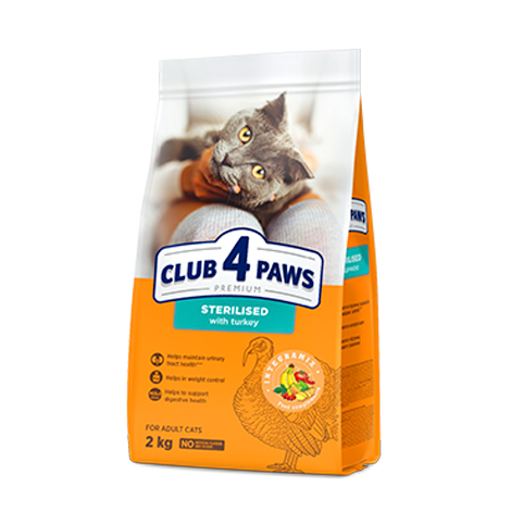 CLUB 4 PAWS PREMIUM SU KALAKUTIENA. VISAVERTIS SAUSAS PAŠARAS SUAUGUSIOMS STERILIZUOTOMS KATĖMS