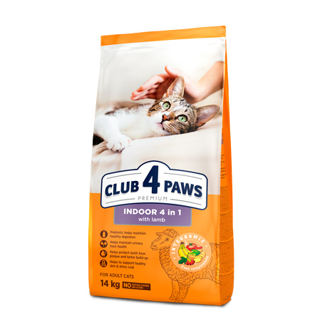 CLUB 4 PAWS PREMIUM KATĖMS, GYVENANČIOMS PATALPOSE "4 VIENAME". VISAVERTIS PAŠARAS SUAUGUSIOMS KATĖMS SU ĖRIENA