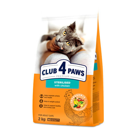 CLUB 4 PAWS PREMIUM "STERILIZUOTI". PILNAVERTIS SAUSAS MAISTAS SUAUGUSIOMS STERILIZUOTOMS KATĖMS