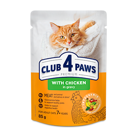 CLUB 4 PAWS PREMIUM SU VIŠTIENA PADAŽE. VISAVERTIS KONSERVUOTASPAŠARAS SUAUGUSIOMS KATĖMS NUO 7 METŲ