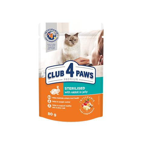 CLUB 4 PAWS PREMIUM "SU TRIUŠIENA DREBUČIUOSE". VISAVERTIS KONSERVUOTAS ĖDALAS SUAUGUSIOMS STERILIZUOTOMS KATĖMS