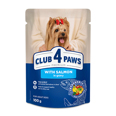 CLUB 4 PAWS PREMIUM SU LAŠIŠA PADAŽE. VISAVERTIS KONSERVUOTASPAŠARAS MINIATIŪRINIŲ IR MAŽŲ VEISLIŲ SUAUGUSIEMS ŠUNIMS