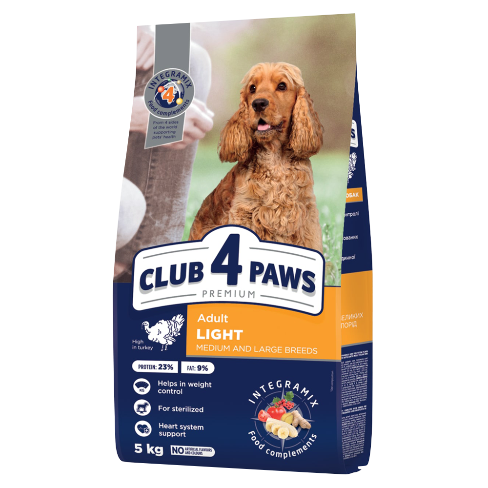 CLUB 4 PAWS PREMIUM "SVORIO KONTROLĖ". VISAVERTIS SAUSAS ĖDALAS SUAUGUSIEMS ŠUNIMS VIDUTINIŲ IR STAMBIŲ VEISLIŲ, STERILIZUOTIEMS IR TURINTIEMS POLINKĮ Į NUTUKIMĄ. SU DIDELIU KIEKIU KALAKUTIENOS
