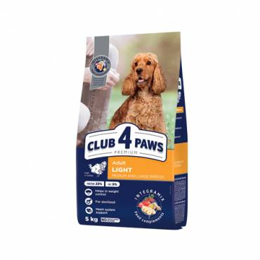 CLUB 4 PAWS PREMIUM "SVORIO KONTROLĖ". VISAVERTIS SAUSAS ĖDALAS SUAUGUSIEMS ŠUNIMS VIDUTINIŲ IR STAMBIŲ VEISLIŲ, STERILIZUOTIEMS IR TURINTIEMS POLINKĮ Į NUTUKIMĄ. SU DIDELIU KIEKIU KALAKUTIENOS