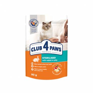 CLUB 4 PAWS PREMIUM "SU TRIUŠIENA DREBUČIUOSE". VISAVERTIS KONSERVUOTAS ĖDALAS SUAUGUSIOMS STERILIZUOTOMS KATĖMS