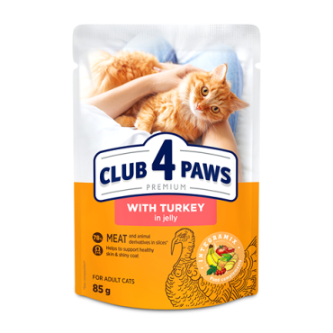 CLUB 4 PAWS PREMIUM "SU KALAKUTIENA DREBUČIUOSE". VISAVERTIS KONSERVUOTAS ĖDALAS SUAUGUSIOMS KATĖMS