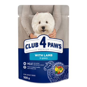 CLUB 4 PAWS PREMIUM "SU ĖRIENA PADAŽE". VISAVERTIS KONSERVUOTAS ĖDALAS SUAUGUSIEMS MAZOMS VEISLEMS ŠUNIMS