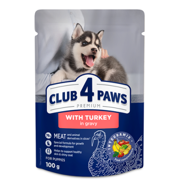 CLUB 4 PAWS PREMIUMAS ŠUNIUKAMS "SU KALAKUTIENA PADAŽE". VISAVERTIS KONSERVUOTAS PAŠARAS
