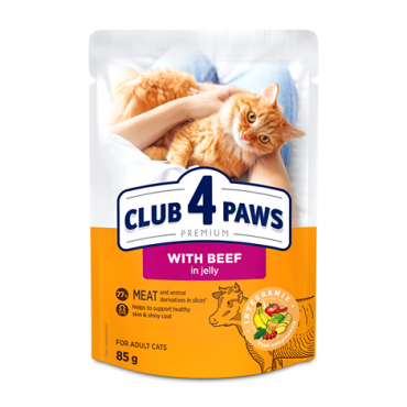 CLUB 4 PAWS PREMIUM "SU JAUTIENA DREBUČIUOSE ". VISAVERTIS KONSERVUOTAS ĖDALAS SUAUGUSIOMS KATĖMS
