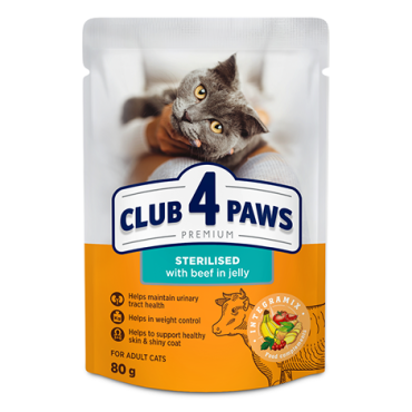 CLUB 4 PAWS PREMIUM "SU JAUTIENA DREBUČIUOSE". VISAVERTIS KONSERVUOTAS ĖDALAS SUAUGUSIOMS STERILIZUOTOMS KATĖMS