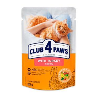 CLUB 4 PAWS PREMIUM SU KALAKUTIENA PADAŽE. VISAVERTIS KONSERVUOTAS ĖDALAS SUAUGUSIOMS KATĖMS