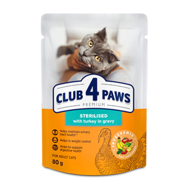 CLUB 4 PAWS PREMIUM SU KALAKUTIENA PADAŽE. VISAVERTIS KONSERVUOTAS PAŠARAS SUAUGUSIOMS STERILIZUOTOMS KATĖMS