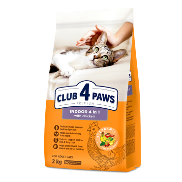 CLUB 4 PAWS PREMIUM. KATĖMS, GYVENANČIOMS PATALPOSE "4 VIENAME". PILNAVERTIS SAUSAS MAISTAS SUAUGUSIOMS KATĖMS