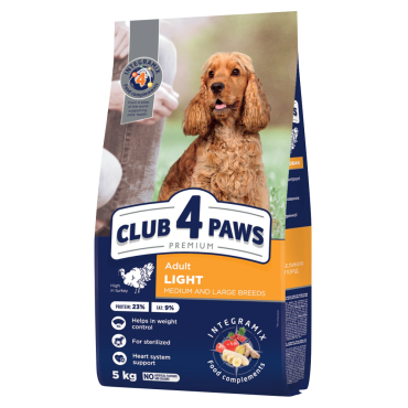 CLUB 4 PAWS PREMIUM "SVORIO KONTROLĖ". VISAVERTIS SAUSAS ĖDALAS SUAUGUSIEMS ŠUNIMS VIDUTINIŲ IR STAMBIŲ VEISLIŲ, STERILIZUOTIEMS IR TURINTIEMS POLINKĮ Į NUTUKIMĄ. SU DIDELIU KIEKIU KALAKUTIENOS