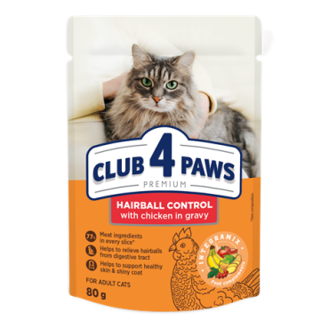 CLUB 4 PAWS PREMIUM PALENGVINANTIS PLAUKŲ SĄVĖLŲ ŠALINIMĄ. VISAVERTIS KONSERVUOTAS PAŠARAS SUAUGUSIOMS KATĖMS